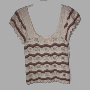 Jessica Simpson Striped Crochet Short Sleeve Tee Top Cream Tan New Women’s Sz M